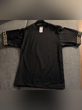 Versace Black Short-Sleeve Tee with Gold Greek Key Sleeve Trim